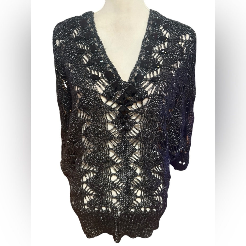 Chico’s boho chic black embellished knit crochet Sweater